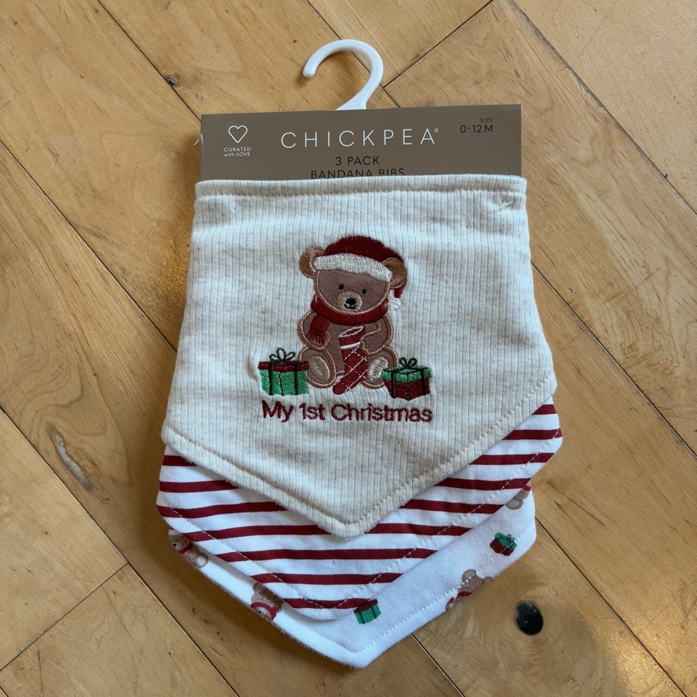 3 PC SET Christmas Teddy Bear Bandana Bibs Red Cream Green Size 0-12 months